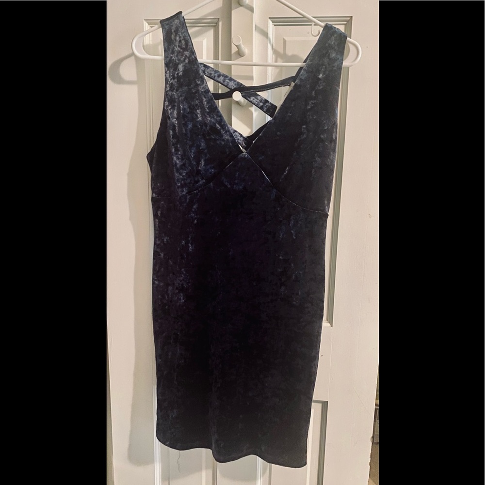 Navy blue velvet dress.